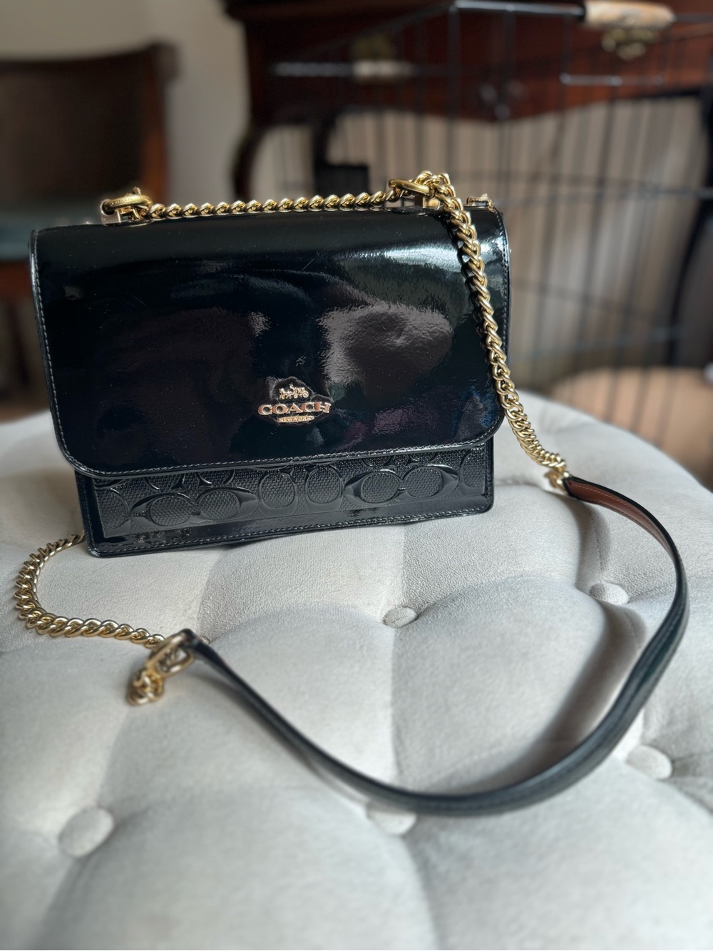 Coach Black Patent Leather Crossbody with Gold Chain